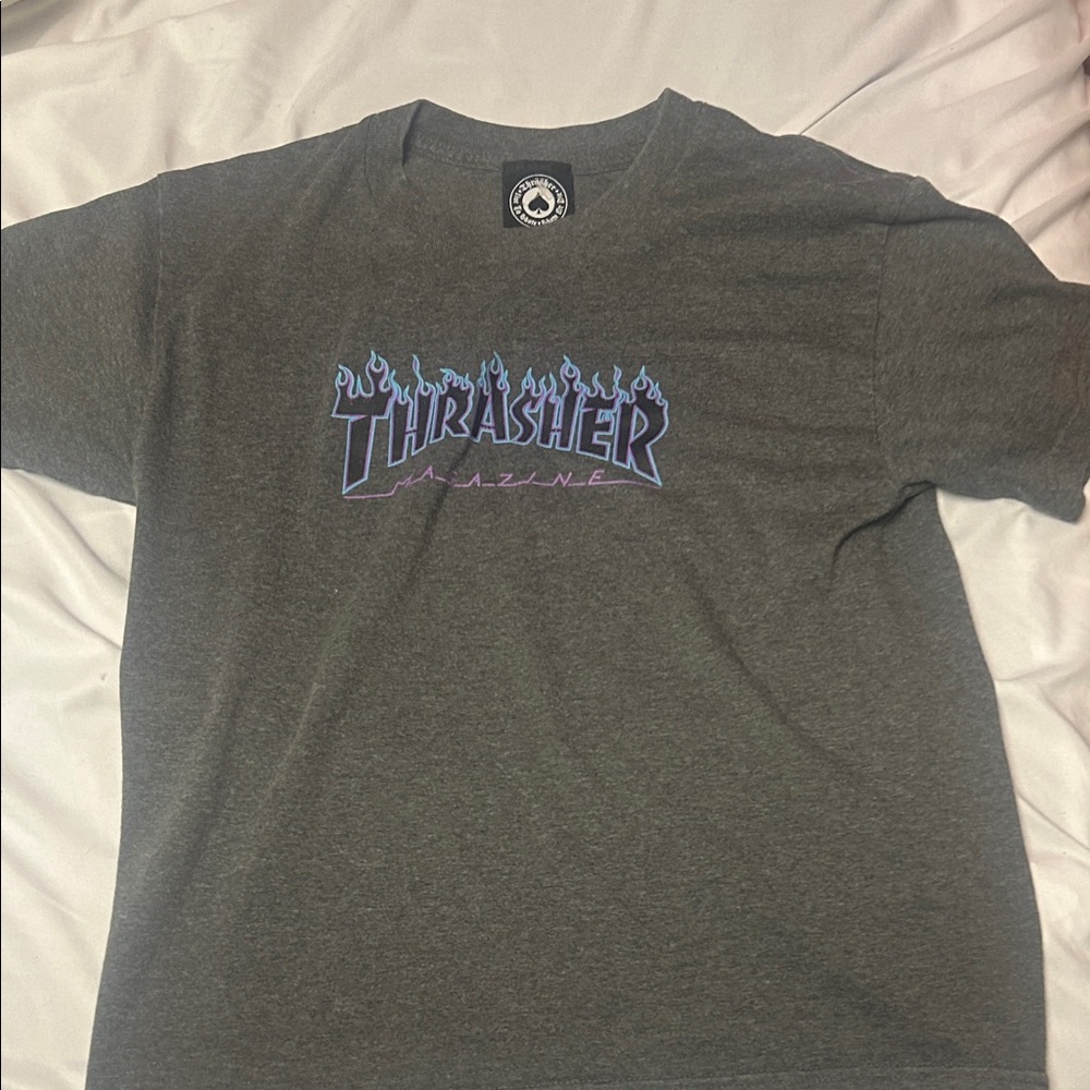 Thrasher Gray Tee with Purple Flame Logo